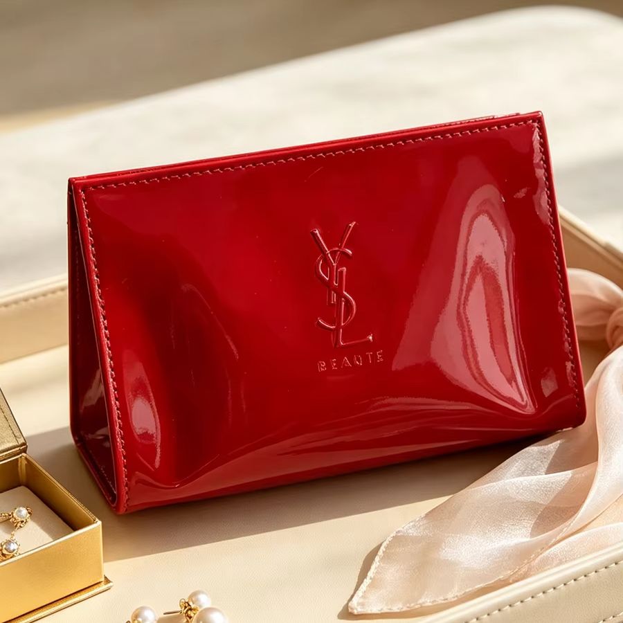 Luxury Skincare Tools - กระเป๋าเครื่องสำอางหนังแก้วสีแดง YSL พร้อมโลโก้ปั๊มนูน ซิปปิด ความจุขนาดใหญ่ พกพาสะดวกสำหรับจัดเก็บผลิตภัณฑ์ดูแลผิว